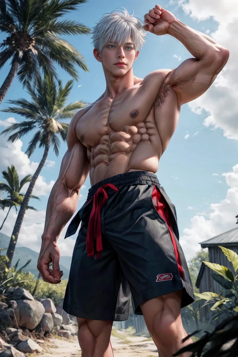 1boy, adult, handsome, perfect face, detailed eyes and face, clean shaved, muscular, capturing a rural atmosphere, dynamic lighting, unreal engine 5, hd picture, satoru gojo, white hair, short hair ,hair between eyes ,blue eyes, white skin