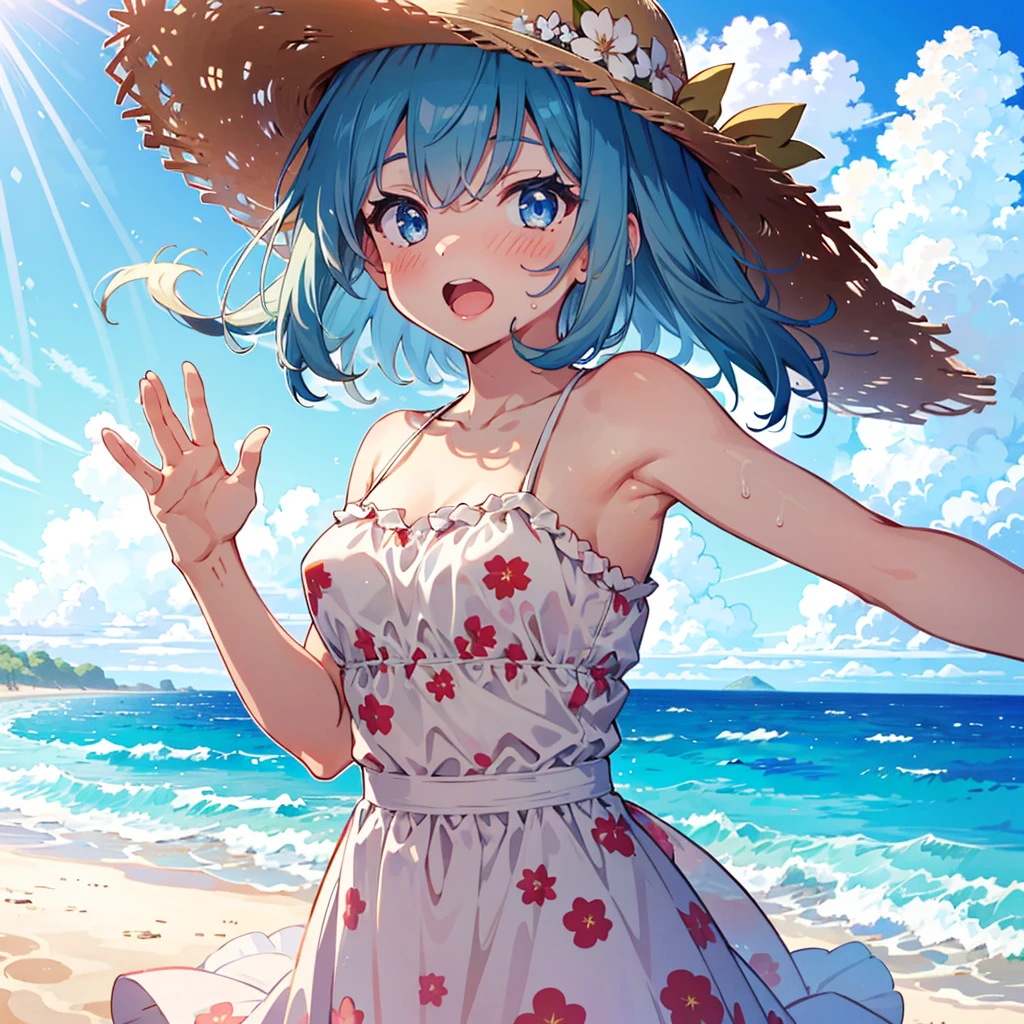 Absurd, Masterpiece, Best Quality, (Super Detailed), (Nice Hands, Perfect Hands), Ideal Proportions of the Body, BREAK (Vector Outline, Flat Color: 1.3), ((1girl)), Solo , stand, (raised hand) ), from the side, upper body close-up, big breasts, from below, on the sandy beach, blue sky, wind, rim light, sunlight, beautiful lighting, BREAK cute girl, 7 years old, (young: 1.8), fine blue eyes , (Eye highlights), Silver medium bob hair: 1.2), Medium breasts, Surprised, Wide open mouth, (Full blush), Sweat, Floating hair, BREAK (wearing floral sundress), (Floating skirt) , No panties: 1.3), Straw hat, Erotic position,(nsfw),