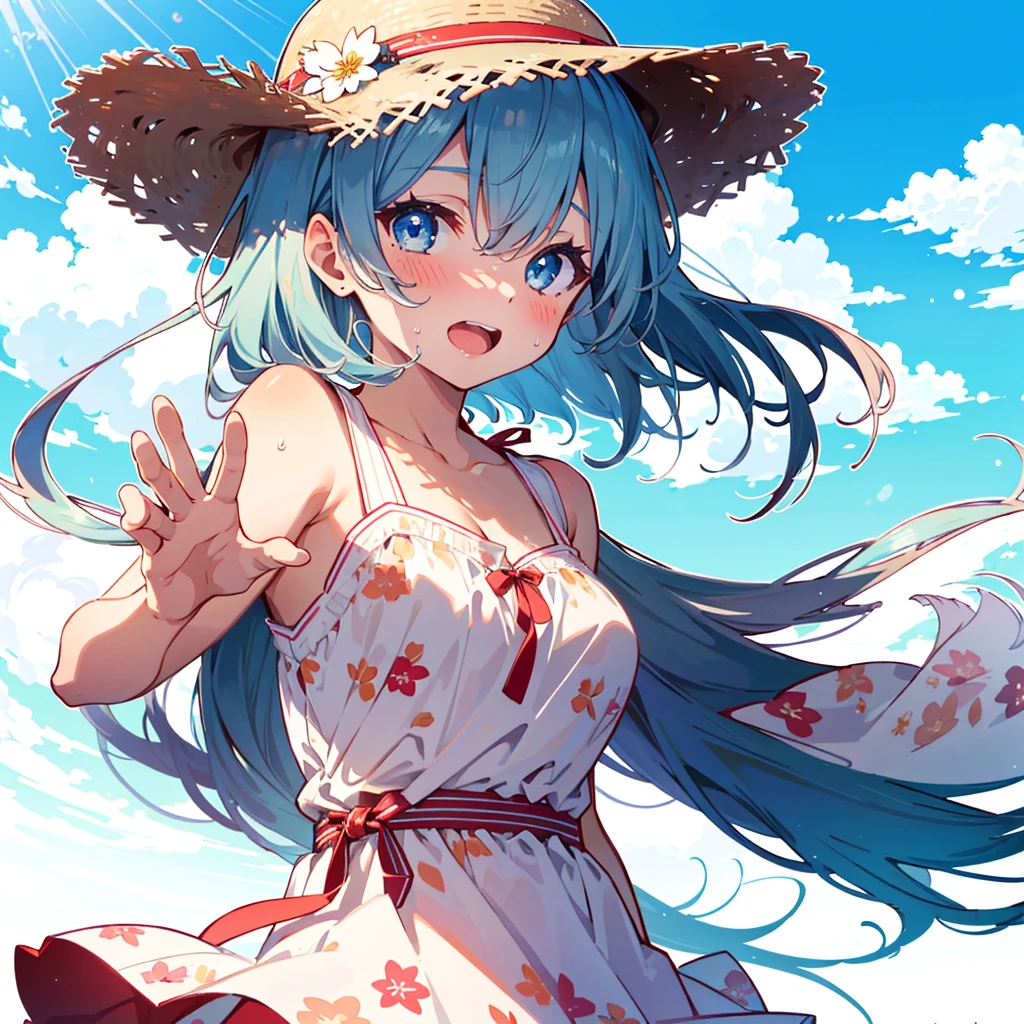 Absurd, Masterpiece, Best Quality, (Super Detailed), (Nice Hands, Perfect Hands), Ideal Proportions of the Body, BREAK (Vector Outline, Flat Color: 1.3), ((1girl)), Solo , stand, (raised hand) ), from the side, upper body close-up, big breasts, from below, on the sandy beach, blue sky, wind, rim light, sunlight, beautiful lighting, BREAK cute girl, 7 years old, (young: 1.8), fine blue eyes , (Eye highlights), Silver medium bob hair: 1.2), Medium breasts, Surprised, Wide open mouth, (Full blush), Sweat, Floating hair, BREAK (wearing floral sundress), (Floating skirt) , No panties: 1.3), Straw hat, Erotic position,(nsfw),