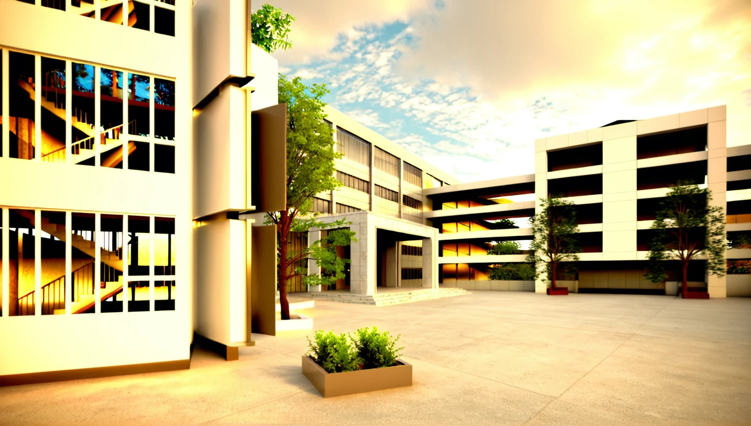 there is a courtyard with a planter and a building in the background, architecture render, architectural render, architectural 3 d render, architectural visualization, low angle dimetric rendering, rendered in lumion pro, render in vray, highly detailed render, lumion render, high detail render, architectural visualisation, fully detailed render, rendered in lumion, 3 d finalrender