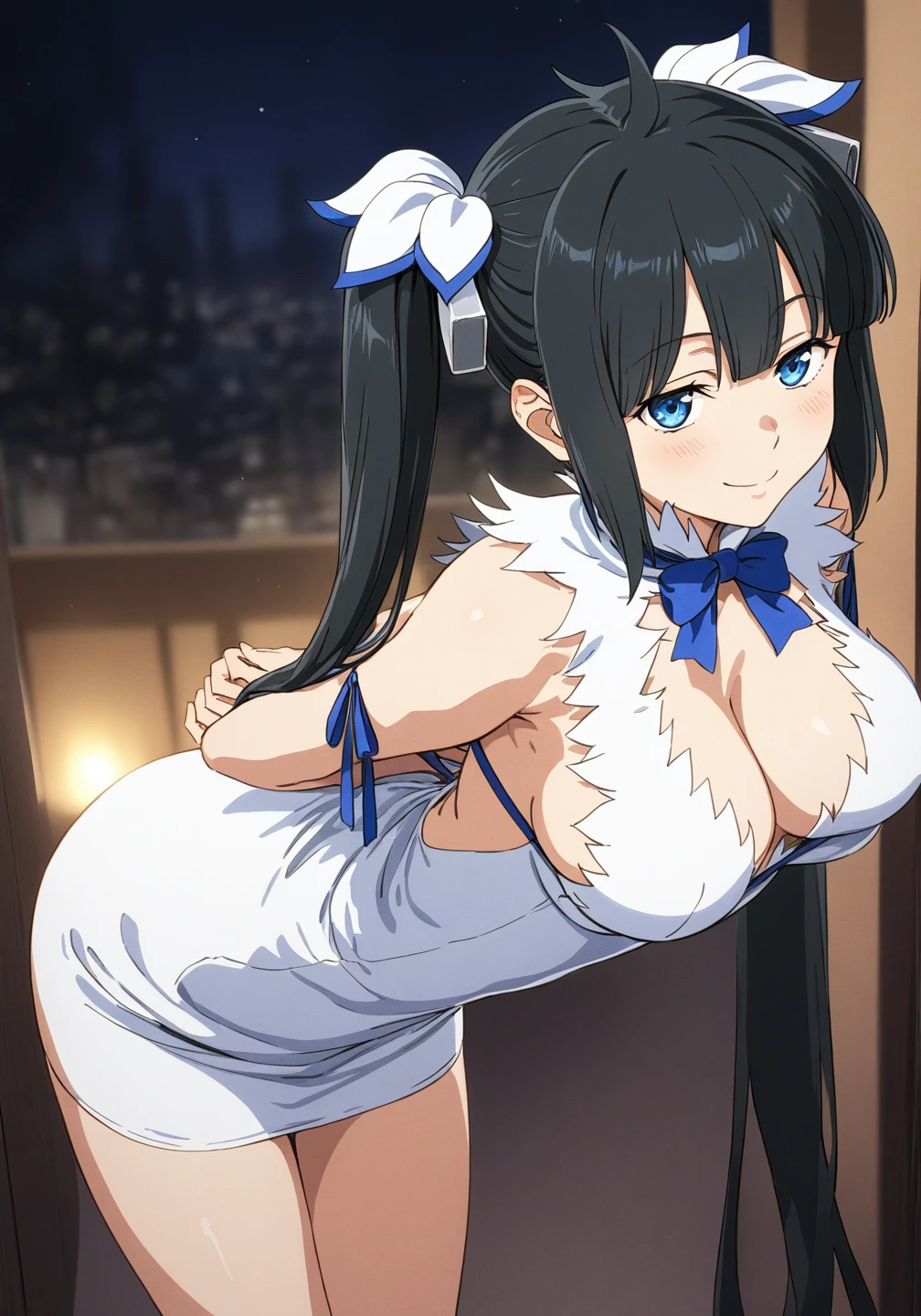 best quality, amazing quality, very aesthetic, absurdres, (1girl, hestia (danmachi),hestia \(danmachi\),long hair,blue ribbon,twintails, solo, big breasts),(gown:1.8), (smile, night, thigh:1.3), (cowboy shot), (half closed eyes:0.9), (from above0.7), (), (bent over, arms behind back:1.4), (blush:0.7), expressive eyes, perfect face, 4k, extremely detailed anime illustration, extremely detailed eyes, perfect anatomy, light rays, extremely delicate body, smooth skin, (bedroom background:1.5), clear eyes, beautiful face, smiling at viewer, (cinematic Light:1.5), (highres:2)