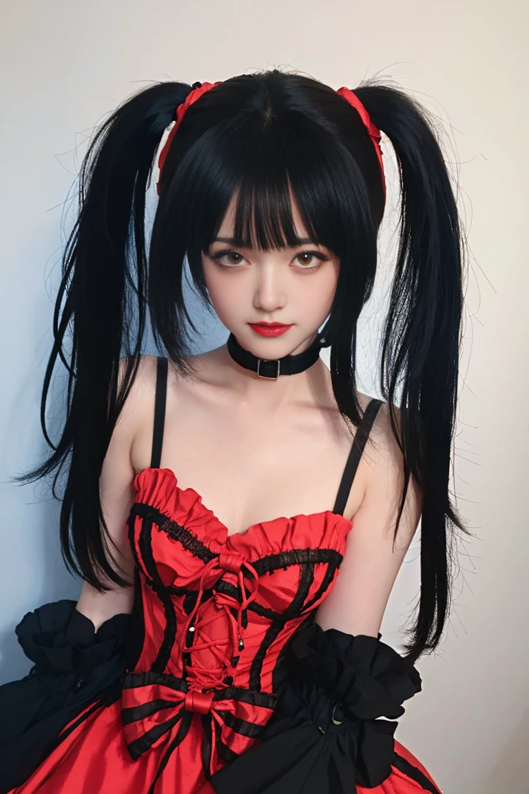 ulzzang-6500-v1.1,(raw photo:1.2),((photorealistic:1.30)), ((best quality)) ,((masterpiece)),((Ultra High Resolution)), ((Clear View)),,Ultra-high resolution,Clear face,（Reality：1.4) ,  illustration, an extremely delicate and beautiful, extremely detailed ,CG ,unity ,8k wallpaper, Amazing, finely detail, masterpiece,best quality,official art,extremely detailed CG unity 8k wallpaper,absurdres, incredibly absurdres, huge filesize, ultra-detailed, highres, extremely detailed,beautiful detailed girl, extremely detailed eyes and face, beautiful detailed eyes,light on face,cinematic lighting, kurumi tokisaki astral dress, (tokisaki kurumi:1.2), long hair, black hair, (red eyes:1.3), (twintails:1.5), (yellow eyes:1.3), hairband, (heterochromia:1.5), dress, (red dress:1.5), bare shoulders, collarbone, choker, bowtie, red bowtie, detached sleeves, corset, frills,