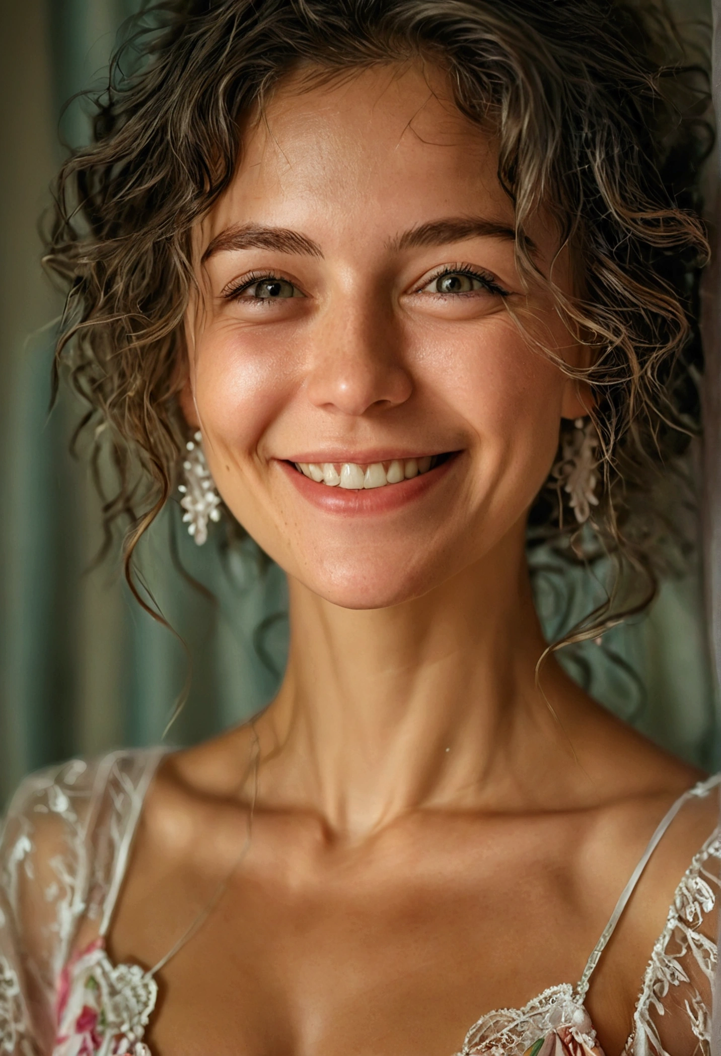 a 30 year old woman, young mother, wearing a sexy nightgown smiling face sighed