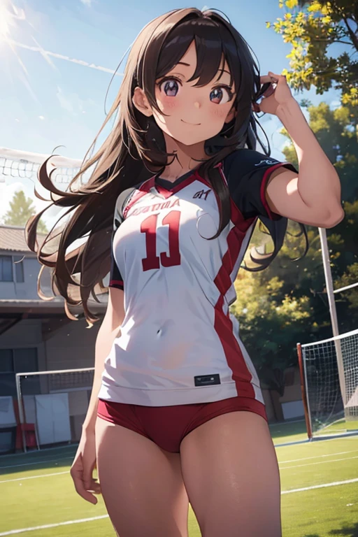 A beautiful young girl in a volleyball uniform, long flowing hair, big bright eyes, cute smile, athletic posture, outdoor volleyball court background, natural sunlight, vibrant colors, highly detailed, photorealistic, cinematic lighting, 8k, best quality, masterpiece