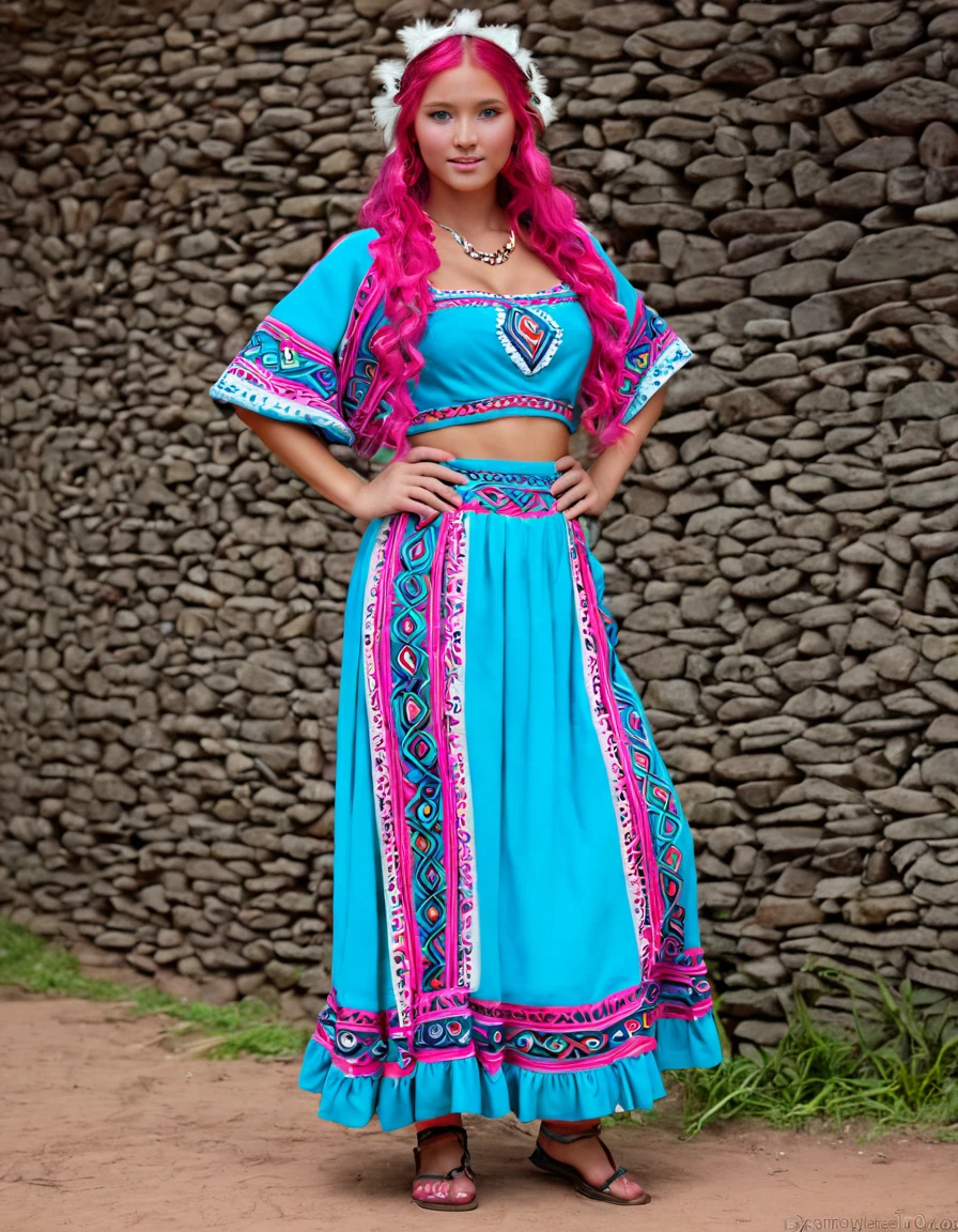 22-year-old Caucasian Arafed woman, light blue eyes, extra-long semi-pink hair that reaches the buttocks in cascading curls, wearing a colorful dress of indigenous Inka design, woman dressed in the Inca style, traditional clothing, Quechua, wearing an ornate costume, wearing Inca clothing, traditional dress!!, she is dressed in traditional clothing, large breasts, contoured waist, buttocks, 1.4, thick legs, photography in full HD, 16k.