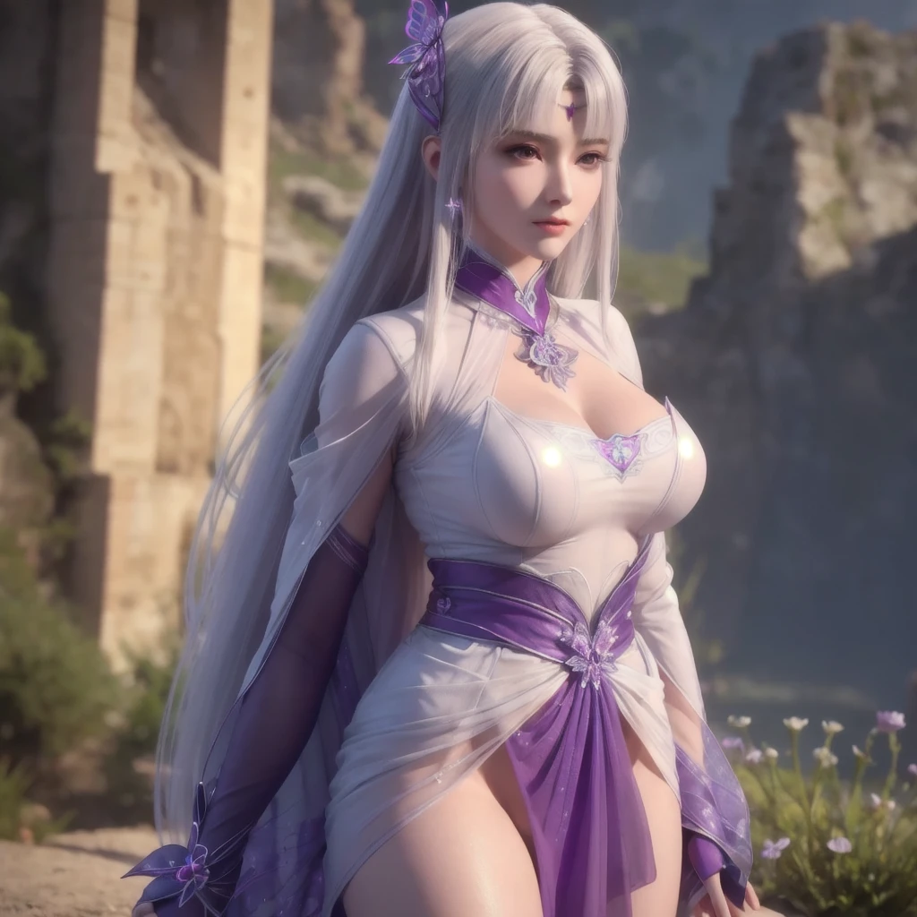 realistic, photorealistic, Masterpiece, absurdres, fine detail, HDR, detailed hand anatomy, highly detailed face and eyes, (8k, best quality, masterpiece:1.2), ultra-detailed, extremely detailed cg 8k wallpaper,fashion,(crystalstexture skin:1.2),(extremely delicate and beautiful),(masterpiece, best quality:1.2),1girl, solo, narrow waist, super wide hips, (large breasts:1.2),long hair, (looking at viewer:1.2), natural lighting, fantasy, dreamlike, unreal, science fiction, detail, delicate pattern, charming, alluring, enchanting,  hair ornament, fairydoctor, full body, dream, purple butterflies, glowing butterflies, sexy pose, night, (neon butterflies:1.1), purple neon butterflies