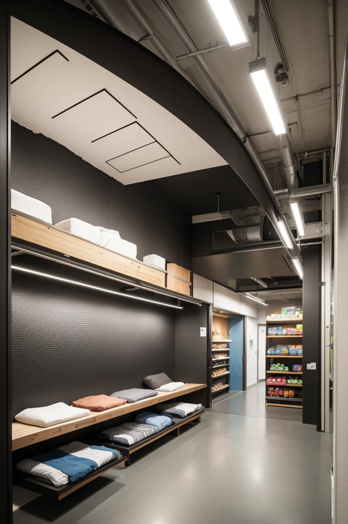 Studio that has a place for people to sleep, work and go to the gym and supermarket 