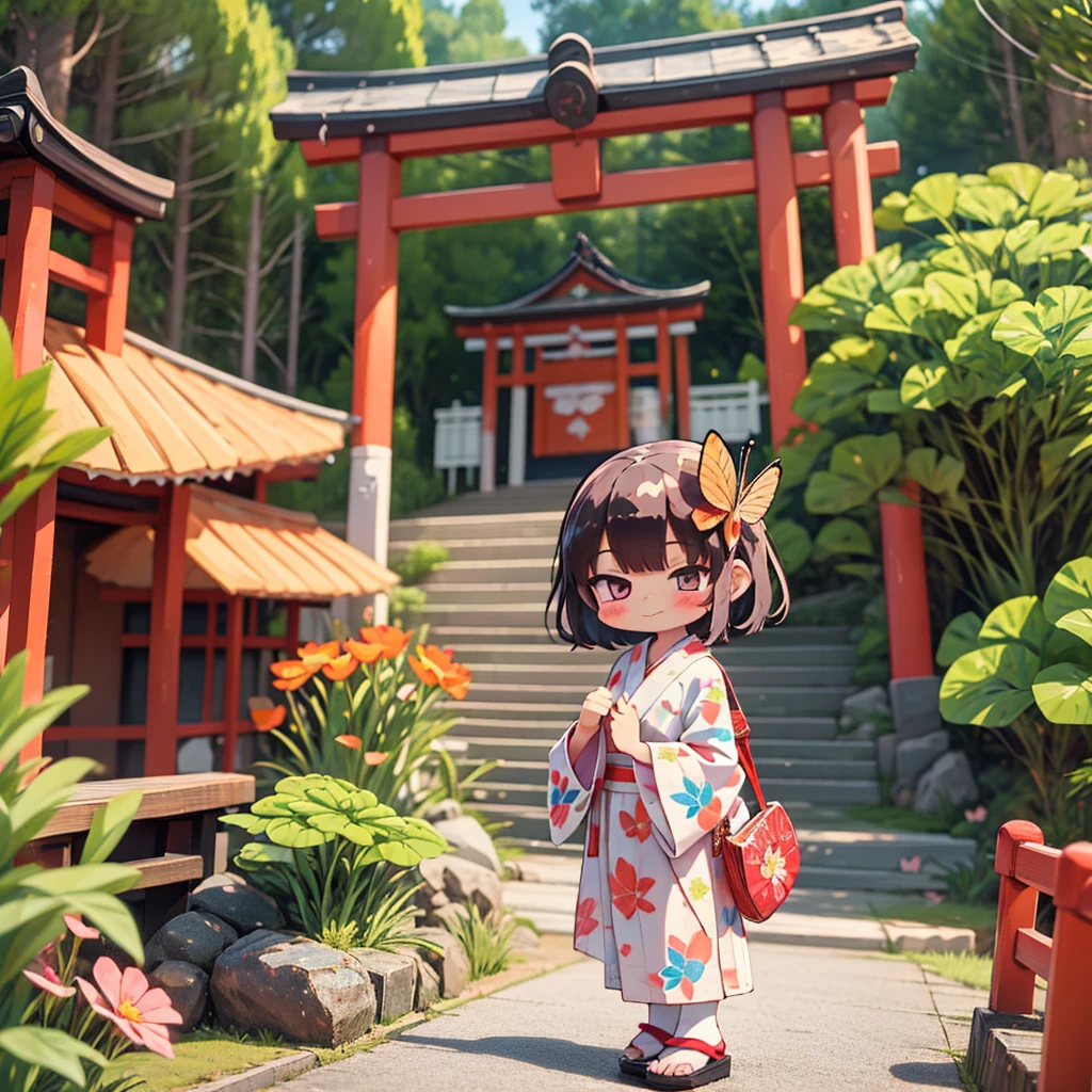 photoRealstic、Japan shrine in the background、３Year old girl、Wearing a kimono to celebrate Shichi-Go-San、Traditional events of Japan、Smile, kawaii pose 、 highly detailed eyelid painting、Floral hair ornament、butterfly hair ornament、on my right hand, I have a bag of Chitose candy、Strong bokeh、Flowers in the foreground