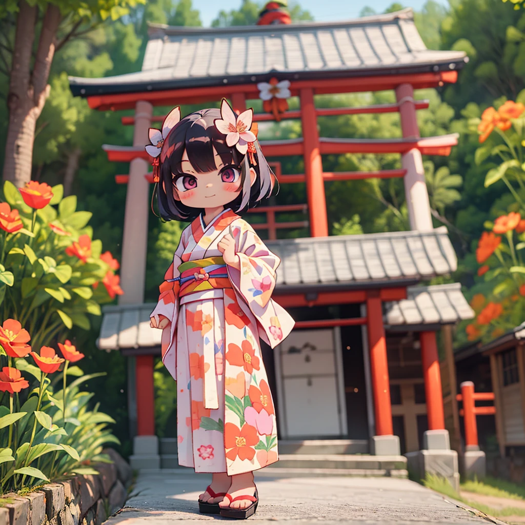 photoRealstic、Japan shrine in the background、3Year old girl、Wearing a kimono to celebrate Shichi-Go-San、Traditional events of Japan、Smile, kawaii pose 、 highly detailed eyelid painting、Floral hair ornament、butterfly hair ornament、on my right hand, I have a bag of Chitose candy、Strong bokeh、Flowers in the foreground