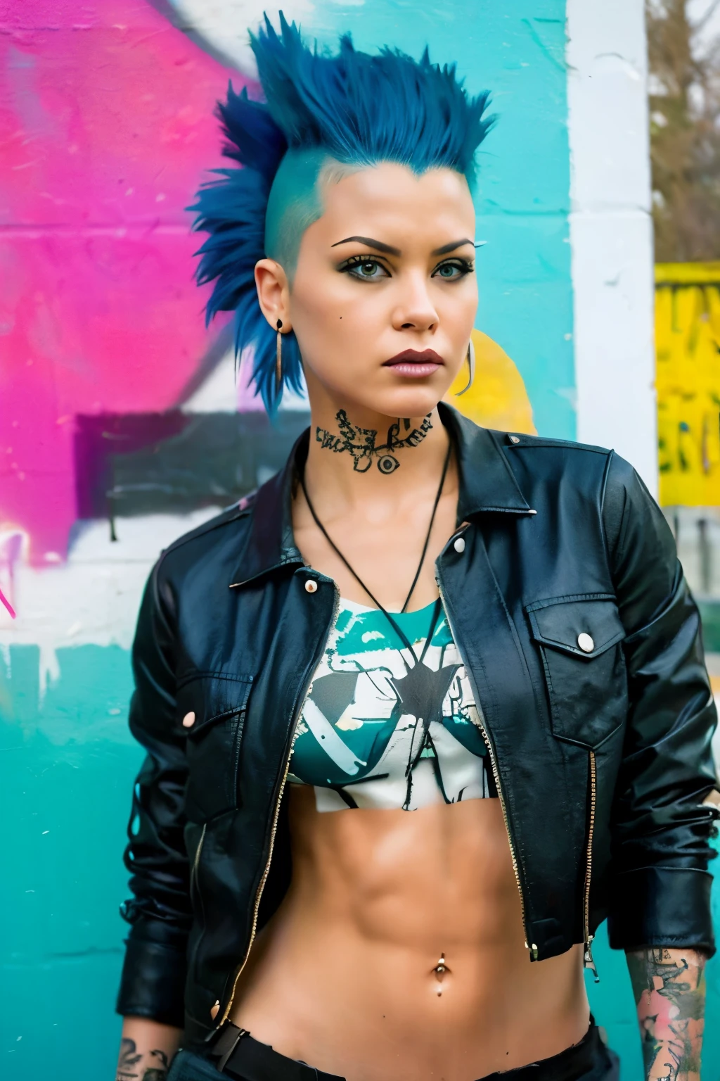 (work of art, best qualityer:1.2), 1 girl ,intrincately detailed, "Punk Girl", in dynamic pose, ((mohawk hair, BLUE punk hair, angry face, wearing a black jacket, Rocket style, tattooed , hot body, abs)) . Shallow depth of field, vignette, highy detailed, high budget, bokeh, cinemascope, temperamental, epic, marvelous, film grain, grainy. ((Abandoned grafitti wall background)).