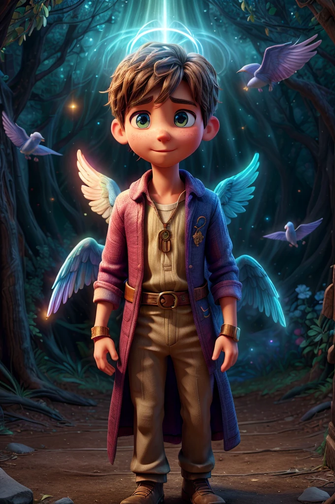 a man in angel clothes, spiritual dimension, colorful sky, universe with stars, enchanted energy, beings of light flying in sky with stars and birds, mystical energy, (best quality,4k,8k,highres,masterpiece:1.2),ultra-detailed,(realistic,photorealistic,photo-realistic:1.37),detailed eyes,detailed face,hyper detailed,intricate details,dramatic lighting,cinematic,spiritual,fantasy,concept art,vivid colors,glowing,ethereal,magical