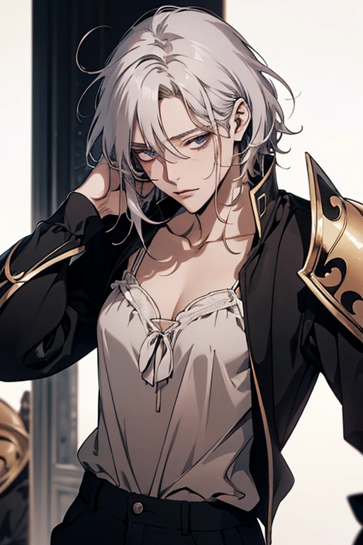 (excellent quality), (high resolution), (absurd play) ((naughty man)), (mascle), Half past ten, White hair, disheveled hair, ((paladin)), ((chemise, pants)), character looking at the camera, face detailed, ((Mediovale)), ((bang)), (((simple clothing))), portraite, small eyes, traveled warrior