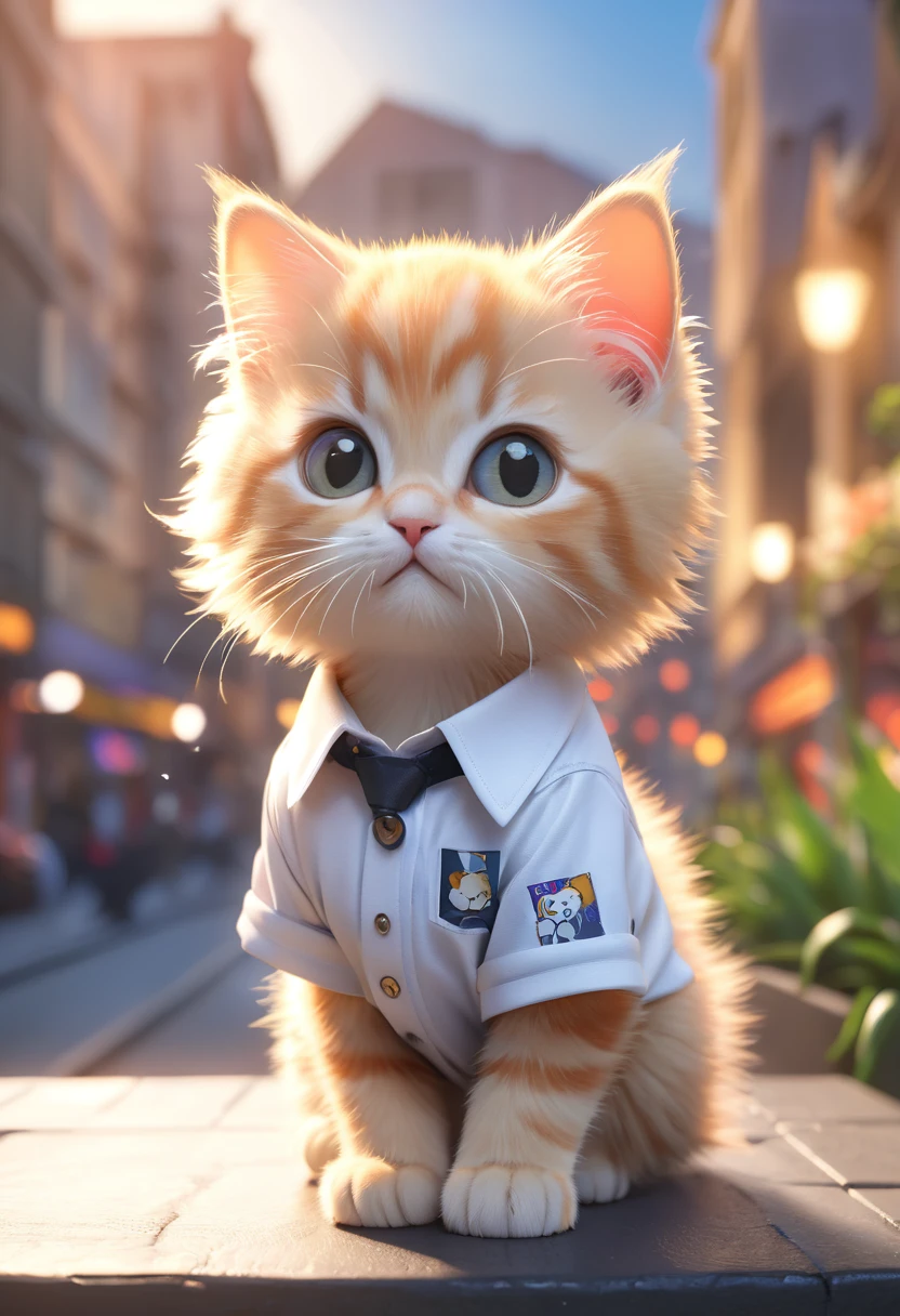 Cute kitten,Hairy,Wearing a shirt, blurred city background, Cute numbers, 3D Rendering, Bright light, Vibrant colors,