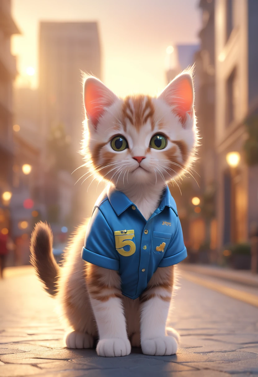 Cute kitten,Hairy,Wearing a shirt, blurred city background, Cute numbers, 3D Rendering, Bright light, Vibrant colors,