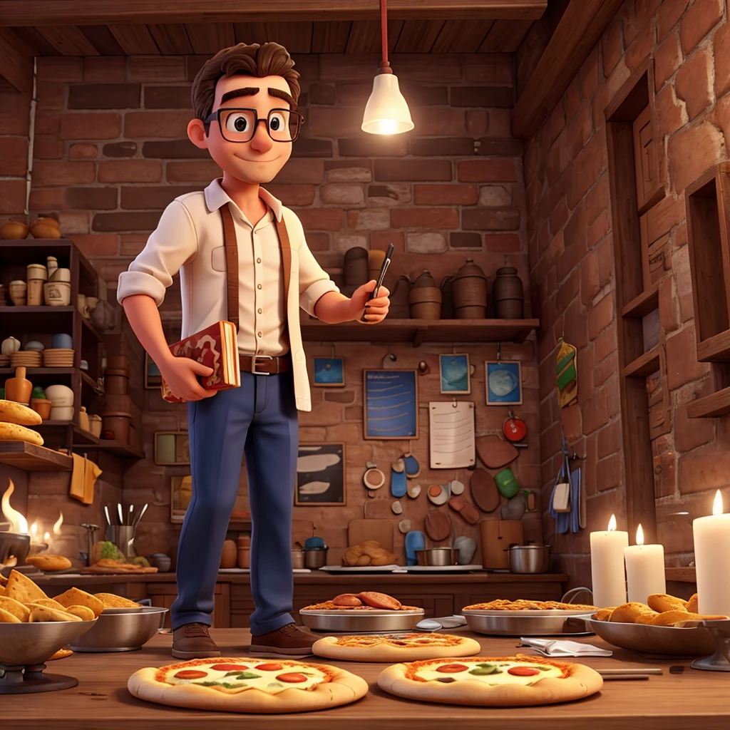 make a picture of a man just a man holding a pizza he wears glasses and the pizzas are smoking