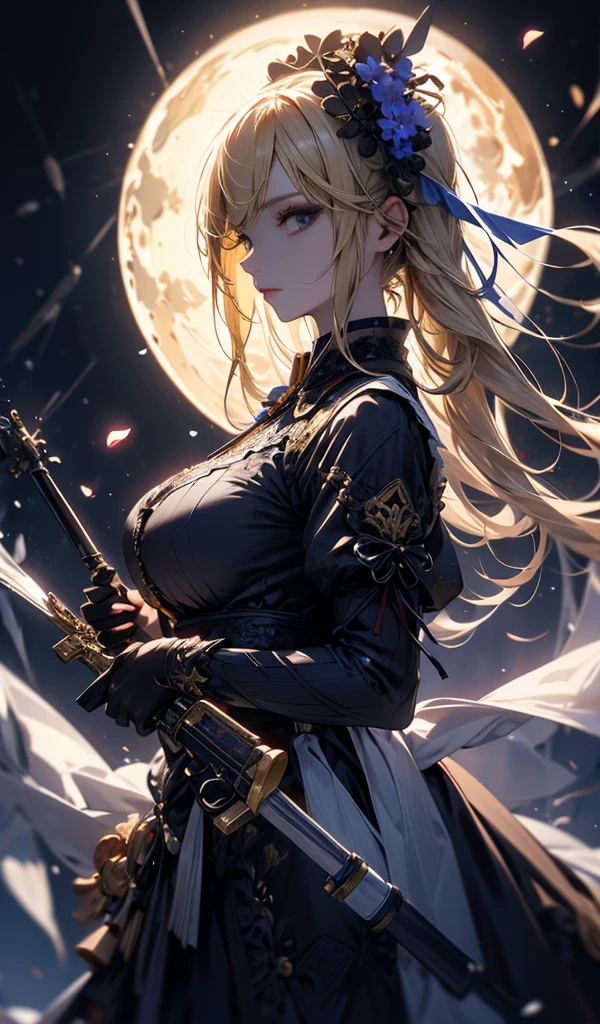 masterpiece, high quality, 4K, Beautiful design, silhouette，blonde， 非常に詳細な夜のStarry Sky,Flower Field， wonderful, Finer details,  A very knowledgeable female demon, Highly detailed solo, 1 female,Big Breasts，Gothic Lolita Fashion，２Hold the gun in front of your chest.，Night view，Starry Sky，full moon，