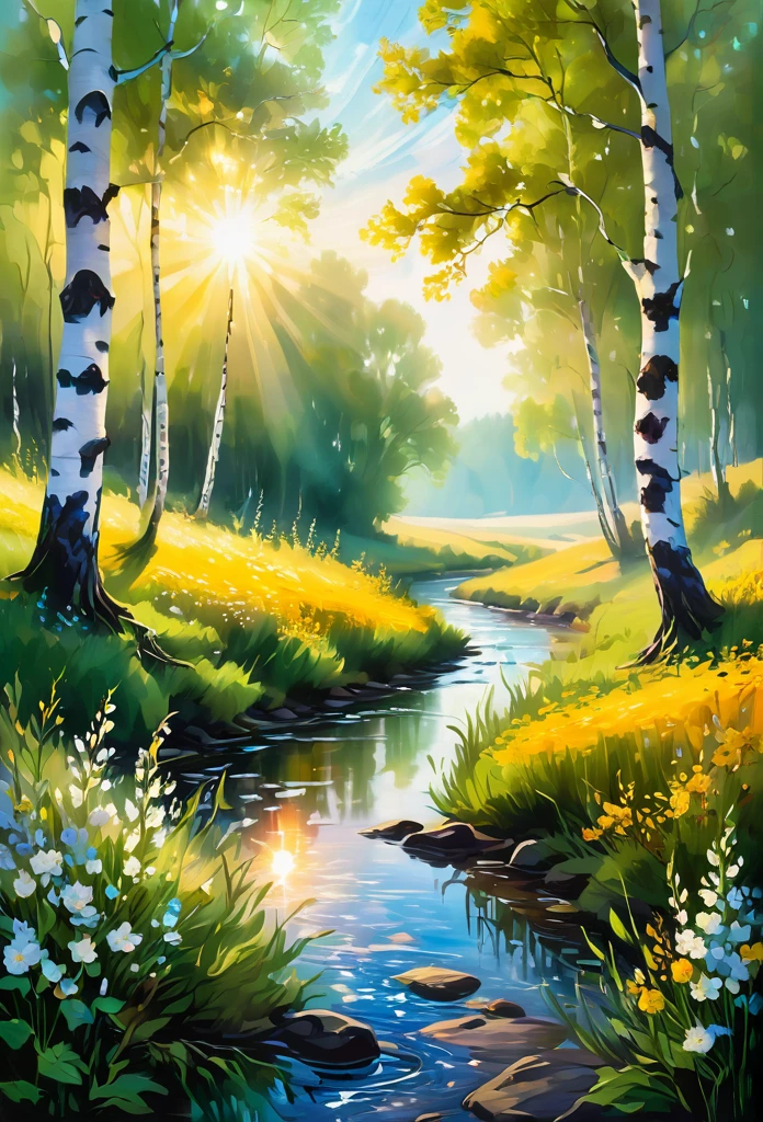 River bank in delicate wild flowers, bathed in the morning sun, old birch trees, optical mixing of paints, glow, style B .Polenova