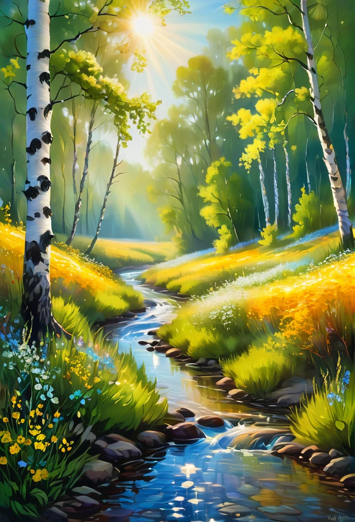 River bank in delicate wild flowers, bathed in the morning sun, old birch trees, optical mixing of paints, glow, style B .Polenova