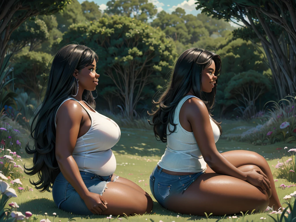 full side  view of a very full-figured  BBW woman, booty shorts, jeans, white tank top,  long hair, smiling, dark skin, . shallow depth of field, highly detailed, high budget,   moody, epic. grass meadow. ((cartoon style):1.3). anatomically correct. Sitting astride fat shire horse.