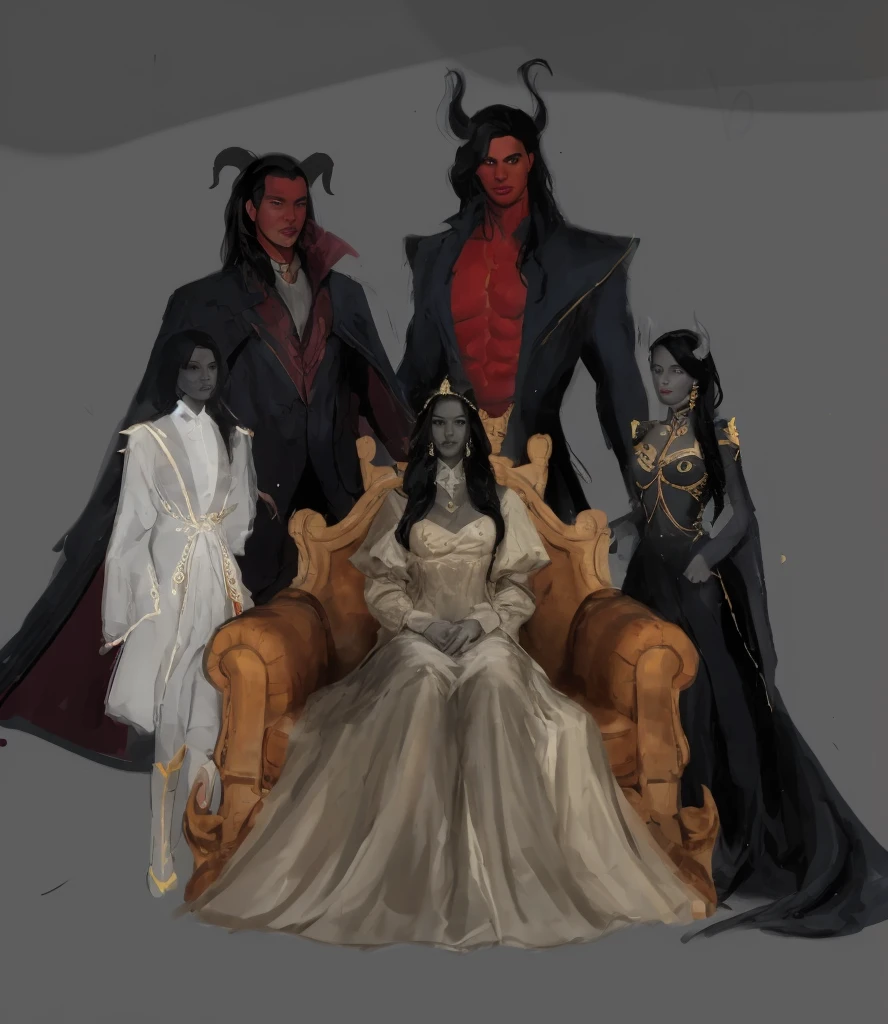 there are a family take a picture, a demon family, with a horns on their head, the mother is sitting kn chair,  in dark robes with gold accents, so beautiful dress, dnd fantsay art, the council of spooky bitches, mourning family, badass composition, intricate, dnd , goth family, by Kieran Yanner, each wearing correct era clothes, diverse outfits