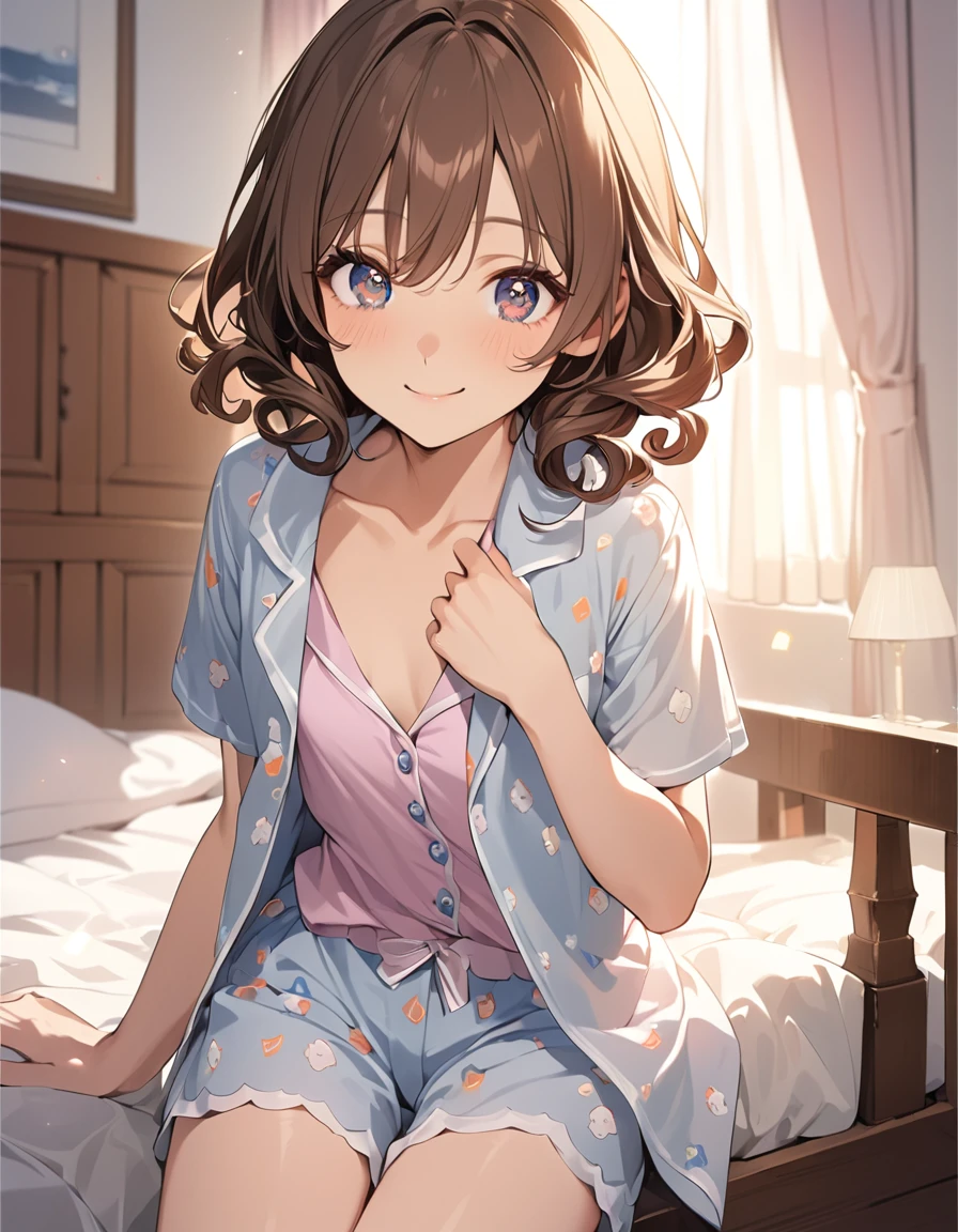 (Top quality illustrations:1.2), (pretty girl:1.1), (1 girl、、Top quality illustrations:1.2), (1 girl、smile、Small breasts、Highly detailed eyes:1.2)、Brown Hair、short hair、Wavy Hair、Curly Hair、Low Twintails、(Plain pajamas、Short sleeve、open shirt, Good, Shorts) 、Cowboy Shot、Morning bedroom、On the bed
