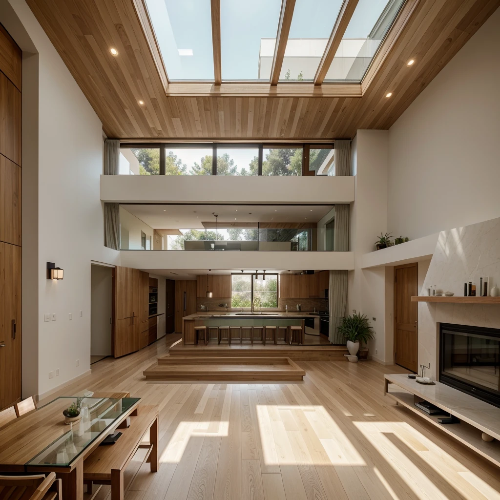 house in a modern style. Facade with large windows and natural materials: wood, glass, stone. Inside, the spacious living room features high ceilings, light wood floors and a brick accent wall. Upholstered furniture in neutral colors, a cozy fireplace. Open plan kitchen with marble countertops and breakfast bar. Dining area with large wooden table. Bedrooms with panoramic windows, light walls and minimalist furniture. Bathrooms with marble finishes and modern accessories. Garden with green spaces, a cozy terrace and a small swimming pool.