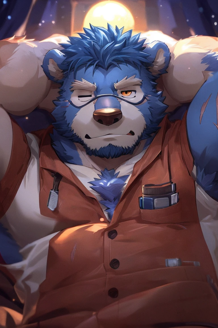 human nature, Wildlife, male,36 years old，Uncle， solitary, ((Round Face, The face is plump,Orange eyes,Thick blue hair，Furry little ears with scars)), ((Endomorph, Handsome的，)), （construction worker，White architectural clothing，White pajamas), ((domestic blue bear, Bear Orc，) Fluffy fur, Fluffy), Bokeh, (high quality, high resolution, masterpiece), (Dynamic Lighting, Vibrant colors，Natural fill light), (Revitalize，Handsome，tired), Full body picture (close up), cartoon, author：Takemoto Arashi, From zixiong, By Chunni, author：Empty Ghost，moonlight，Lying in my own big bed, closing my eyes and sleeping soundly，Quiet rest in the dark night，符合中年Uncle的房间（background：Simple style makes people look comfortable bedroom）