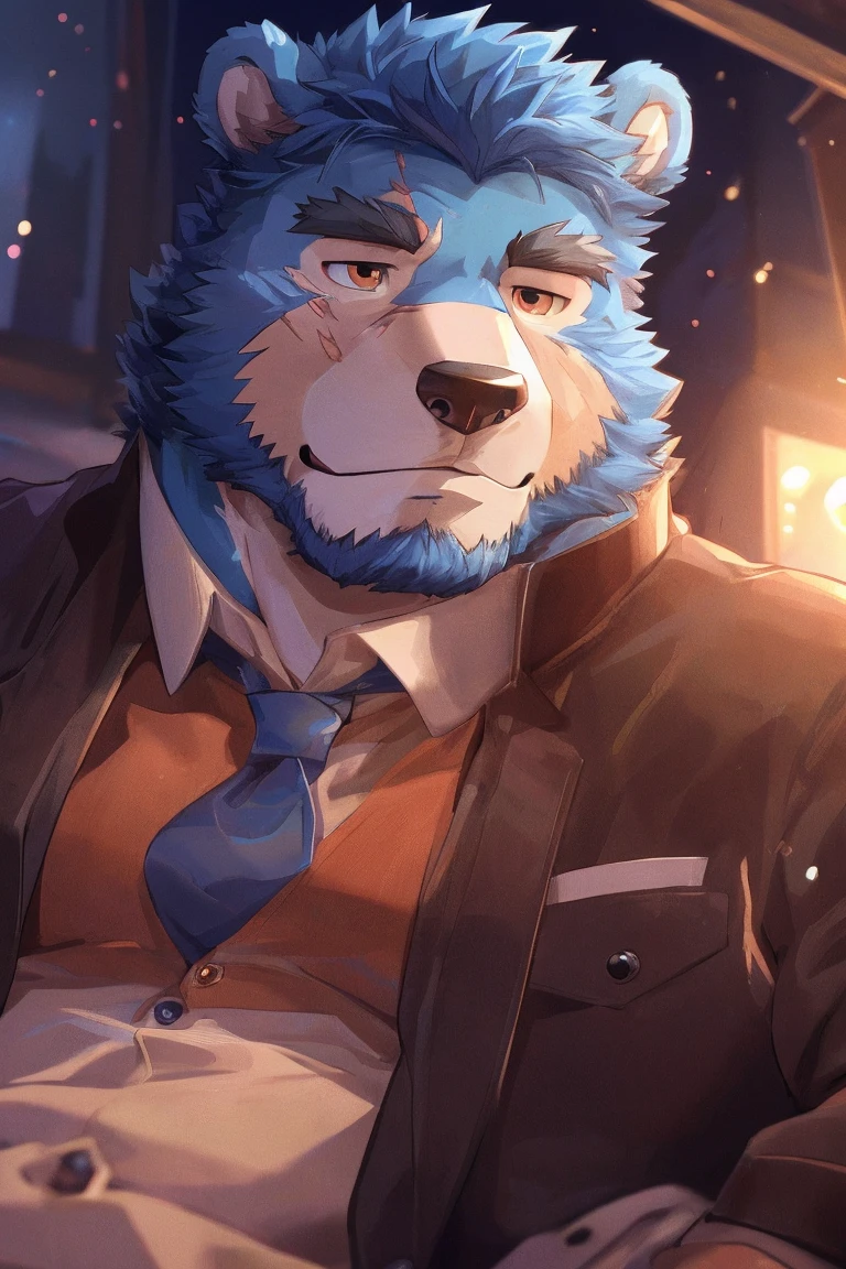 human nature, Wildlife, male,36 years old，Uncle， solitary, ((Round Face, The face is plump,Orange eyes,Thick blue hair，Furry little ears with scars)), ((Endomorph, Handsome的，)), （construction worker，White architectural clothing，White pajamas), ((domestic blue bear, Bear Orc，) Fluffy fur, Fluffy), Bokeh, (high quality, high resolution, masterpiece), (Dynamic Lighting, Vibrant colors，Natural fill light), (Revitalize，Handsome，tired), Full body picture (close up), cartoon, author：Takemoto Arashi, From zixiong, By Chunni, author：Empty Ghost，moonlight，Lying in my own big bed, closing my eyes and sleeping soundly，Quiet rest in the dark night，符合中年Uncle的房间（background：Simple style makes people look comfortable bedroom）