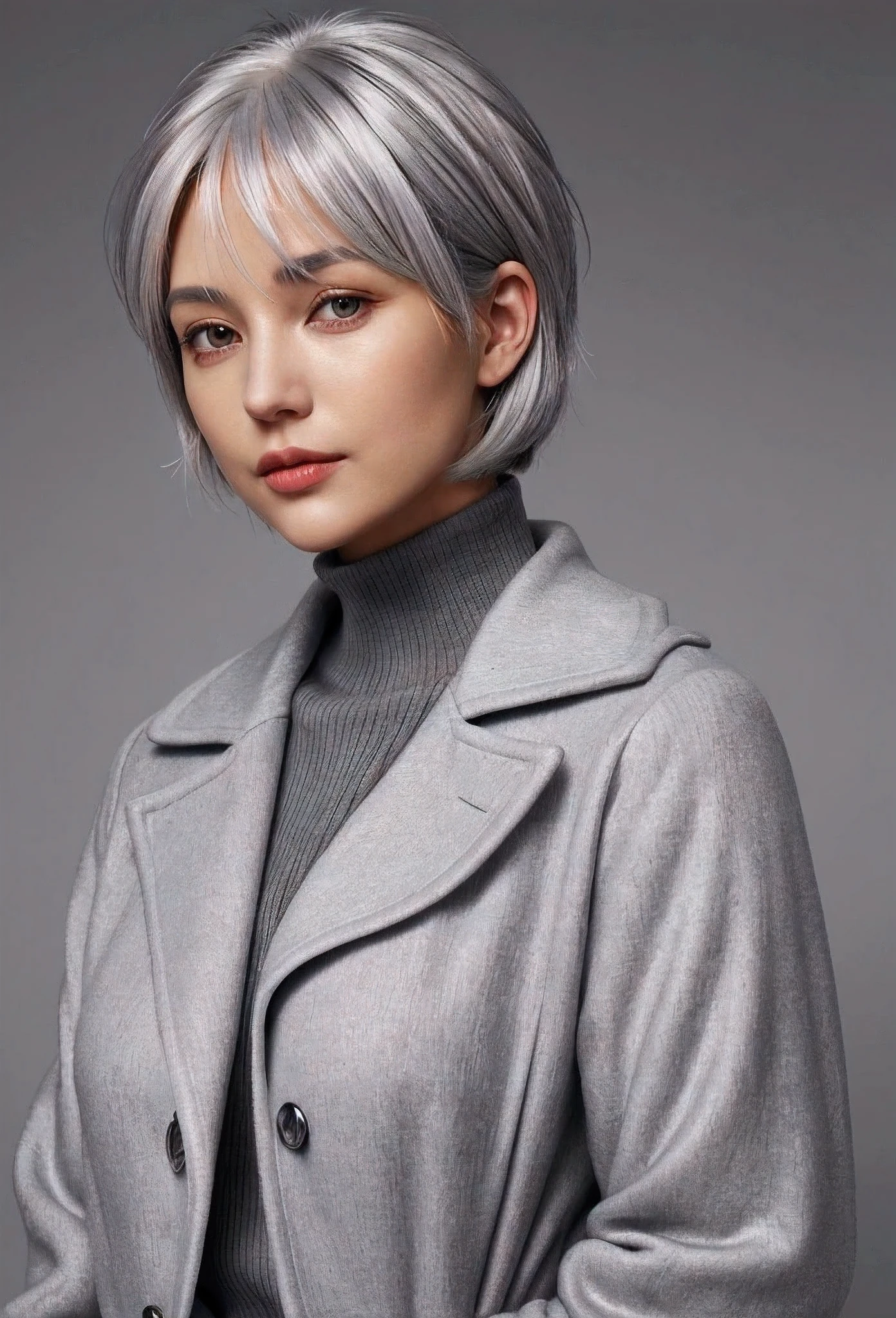 there is a woman with a orange coat, wearing silver hair, grey hair, silver hair, cloudy grey hair, with short hair, some grey hair, short grey hair, silver color, girl silver hair, ash blond greyish hair, girl with short white hair, flowy white grey hair, going gray, chrome bob haircut