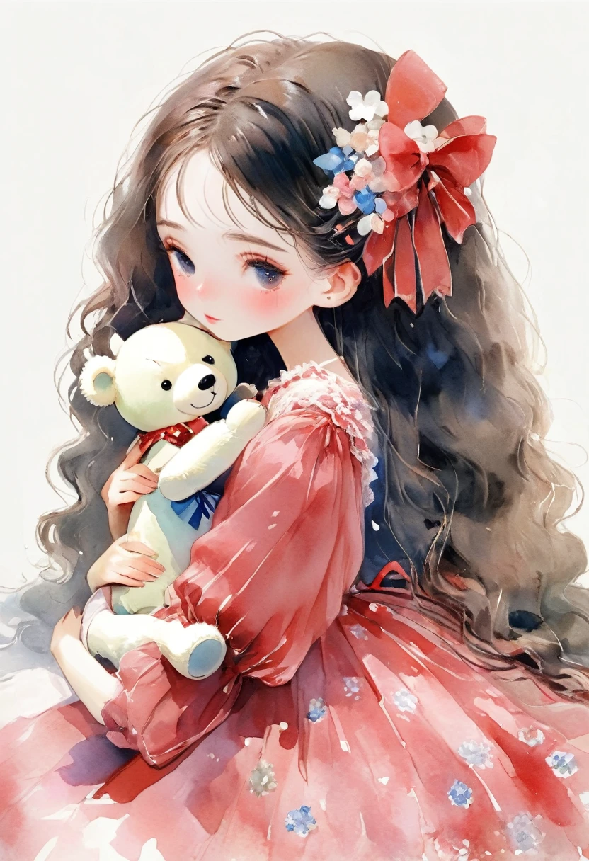 ((antique:1.5)),((hugging a teddy bear)),(Teddy bear),Beautiful and cute woman,1 Female,Solo,Sharp features,Sophisticated,((Watercolor:1.5)),Manga,whole body,超High resolution,((Attention to detail:1.5)),high quality,High resolution,最high quality,(vintage:1.4),(Cute pose:1.3),Dull color,So adorable,model like,Fluffy atmosphere,(Accurate body),((antiqueな服)),(Super Detail),Fashionable hairstyle,Pink Dress,