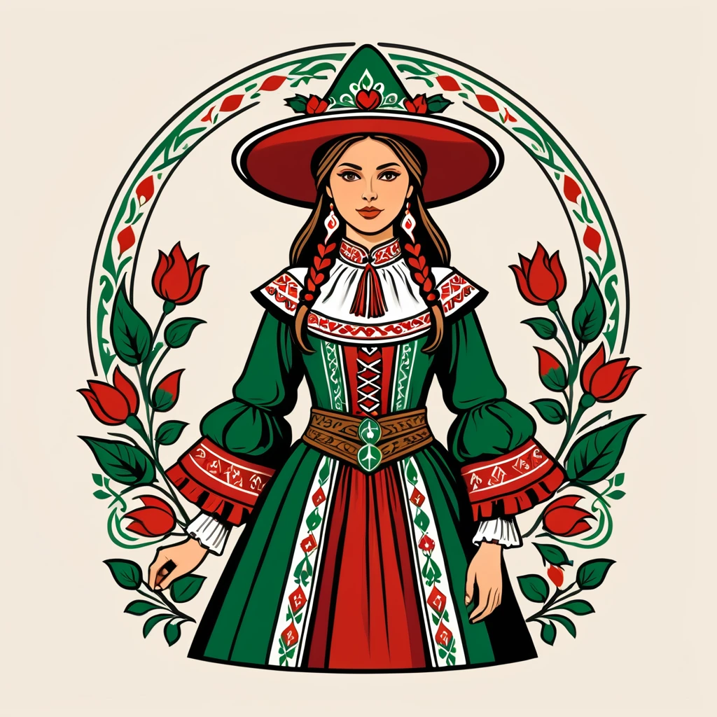 female sorcerer in hungarian folk outfit, vector graphics, strong contours, logo design