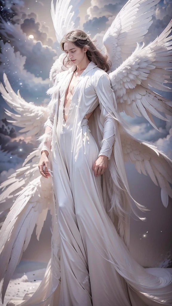 a male 35 year old angel, white leather coat, with thousands majestic wings, with a full moon in the background, divine art, massive size, stand between two mountains, ultra definition, best quality, 32k ultra, ultra HD.
