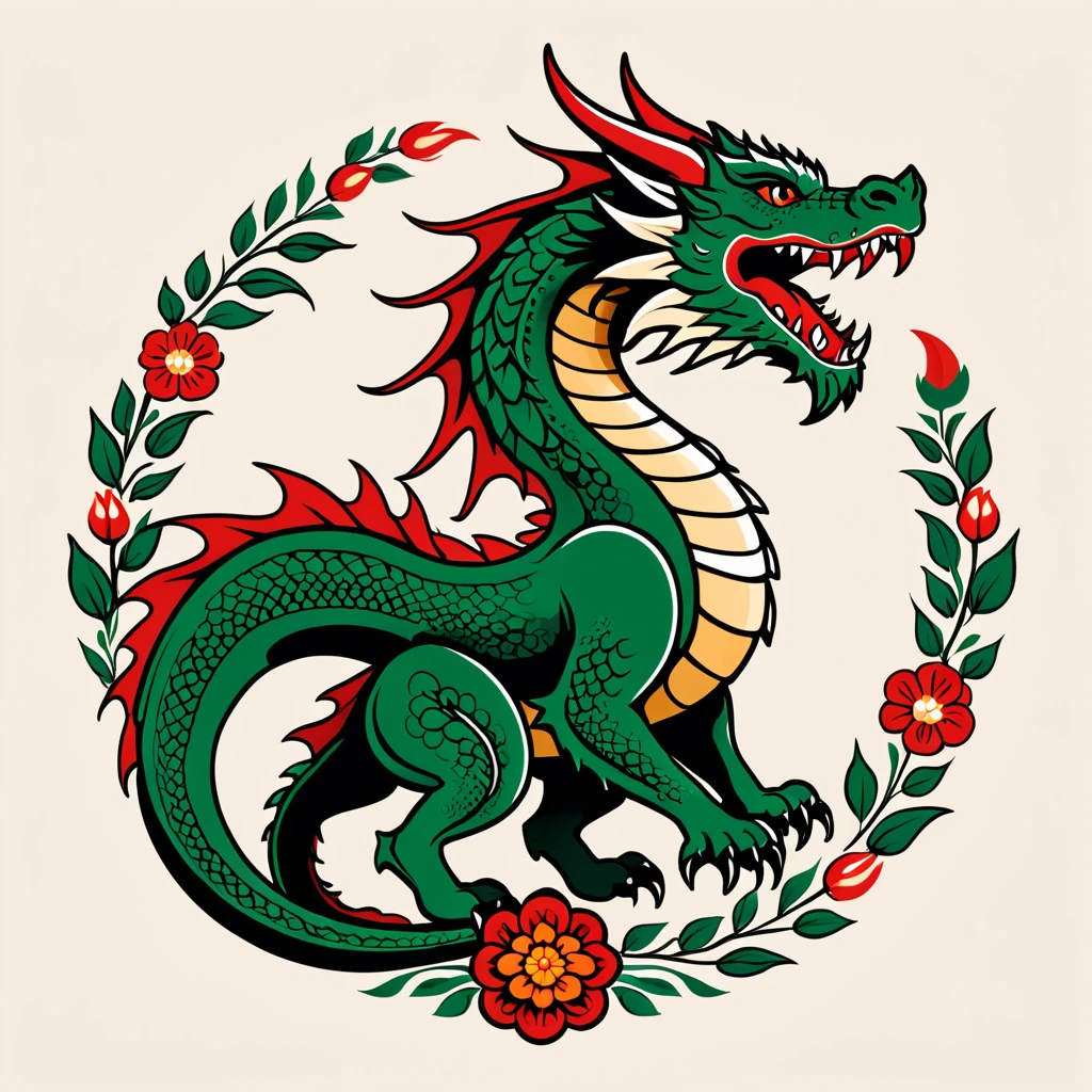 female dragon in hungarian folk outfit, vector graphics, strong contours, logo design