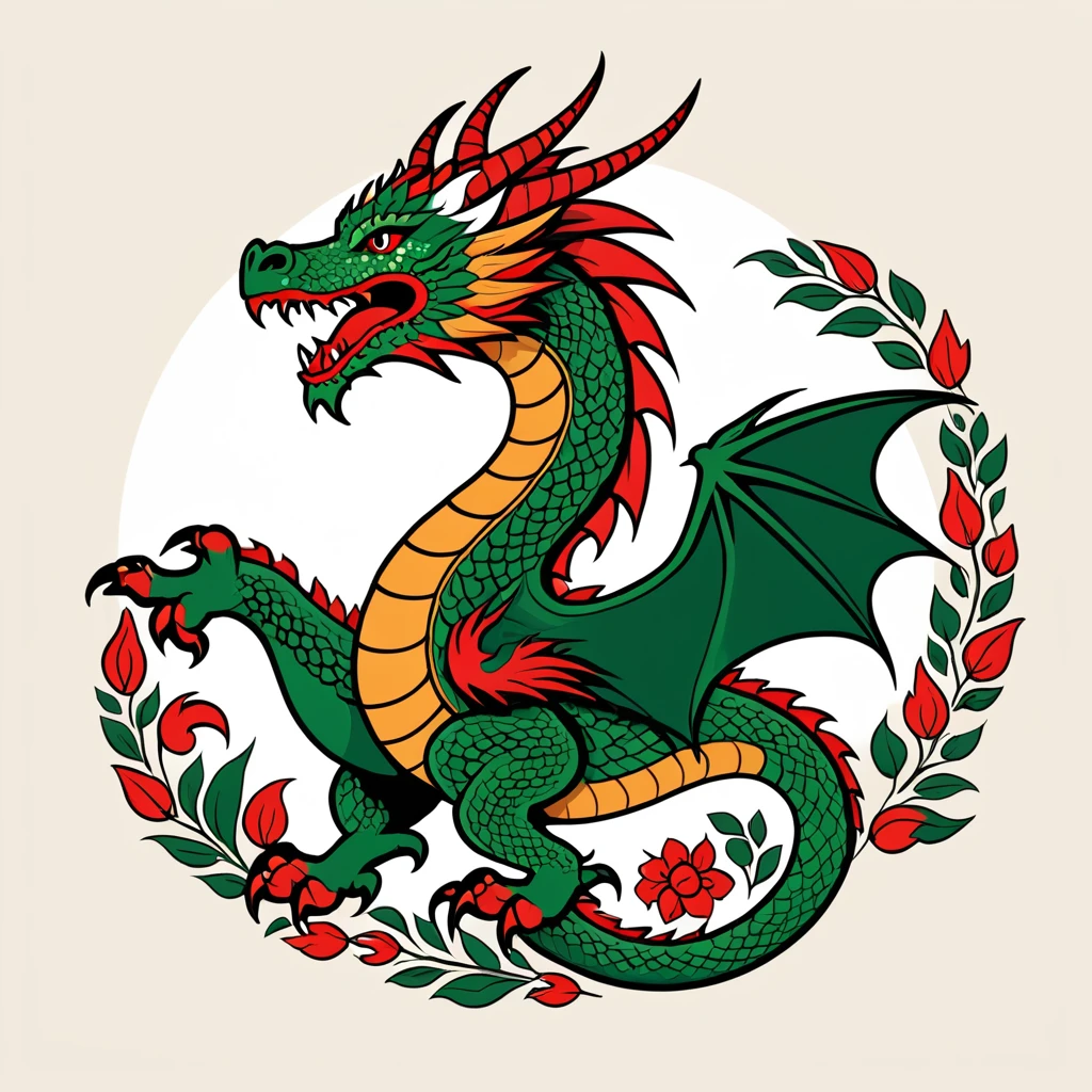 female dragon in hungarian folk outfit, vector graphics, strong contours, logo design