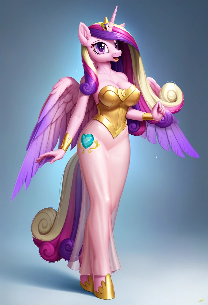 score_9, score_8_up, score_7_up, score_6_up, score_5_up, score_4_up,  by aki99, source_pony, rating_questionable, masterpiece, countershading, detailed soft lighting BREAK
anthro pony princess cadance wearing a golden see through dress, long hair, joyful, oiled, shiny, large breasts, full body, ear fluff, fashion show background 