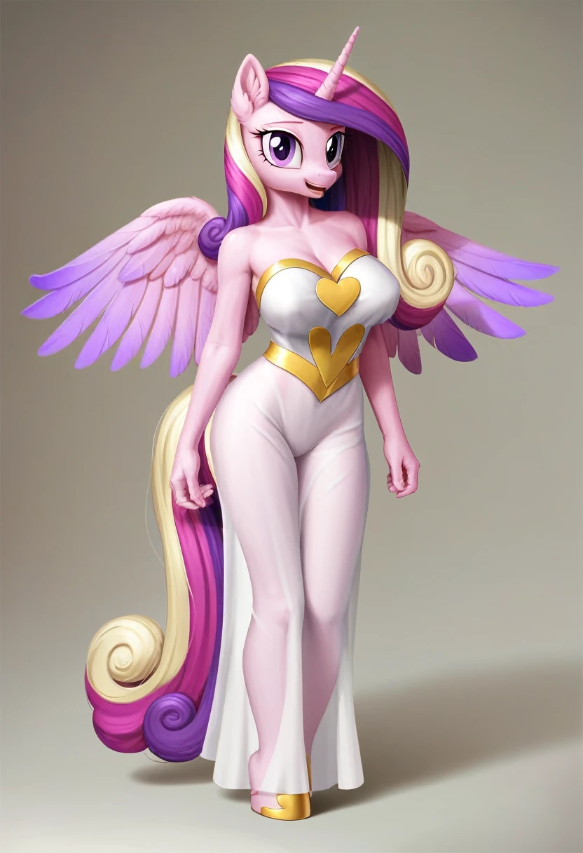 score_9, score_8_up, score_7_up, score_6_up, score_5_up, score_4_up,  by aki99, source_pony, rating_questionable, masterpiece, countershading, detailed soft lighting BREAK
anthro pony princess cadance wearing a golden see through dress, long hair, joyful, oiled, shiny, large breasts, full body, ear fluff, fashion show background 