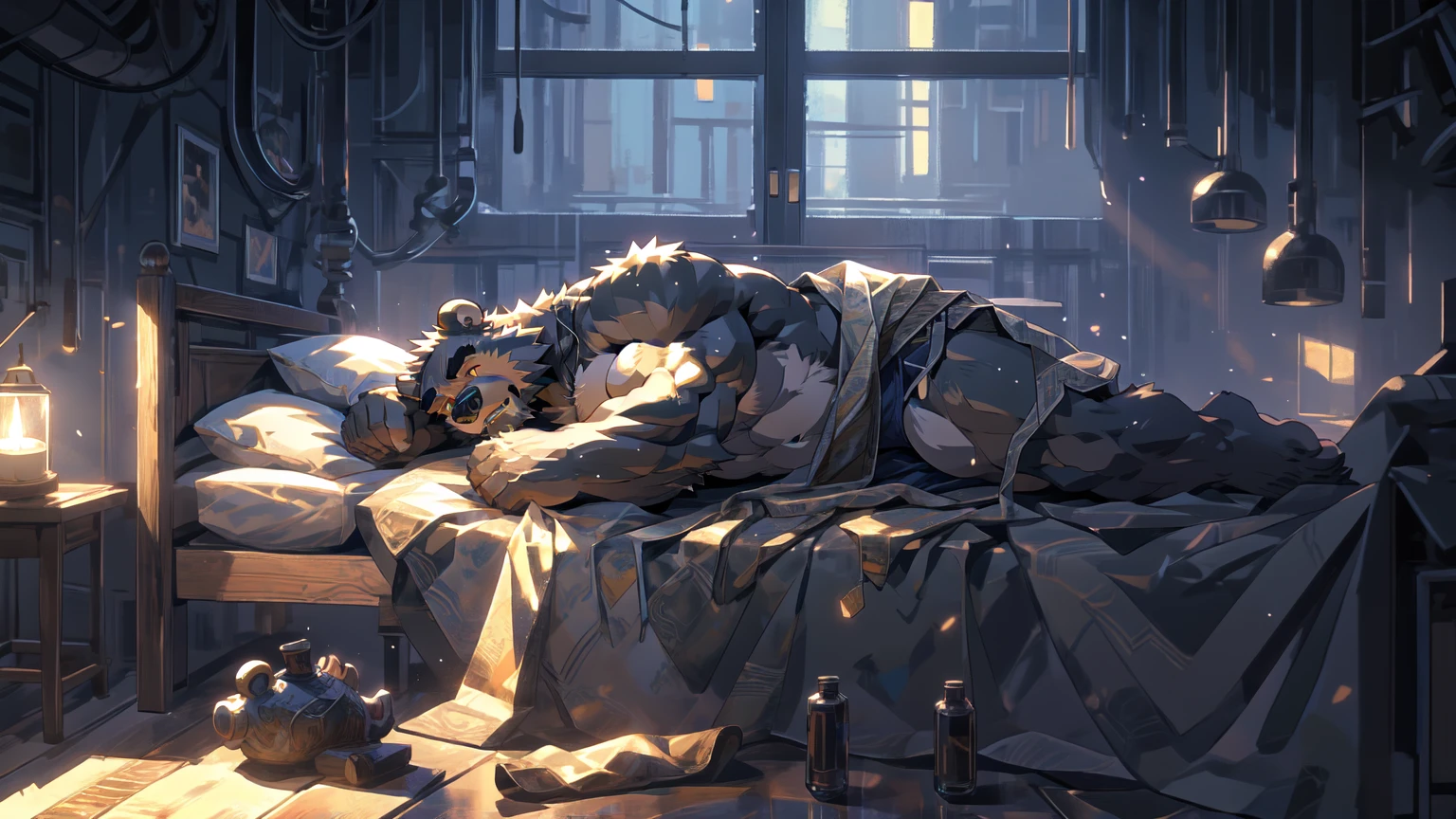(masterpiece:1.2), best quality,pixiv,official art,perfect anatomy, (Ray tracing, light),solo, (1_male:1.3) , (muscle), (grey fur:1.4), (muscle bear), (beard:1.2), (gleaming golden eyes), bear tail, Thick black eyebrows, (clothesless :1.2), underwear, barefoot , big window, night view, indoor, sleeping on bed, cover blanket, close eyes