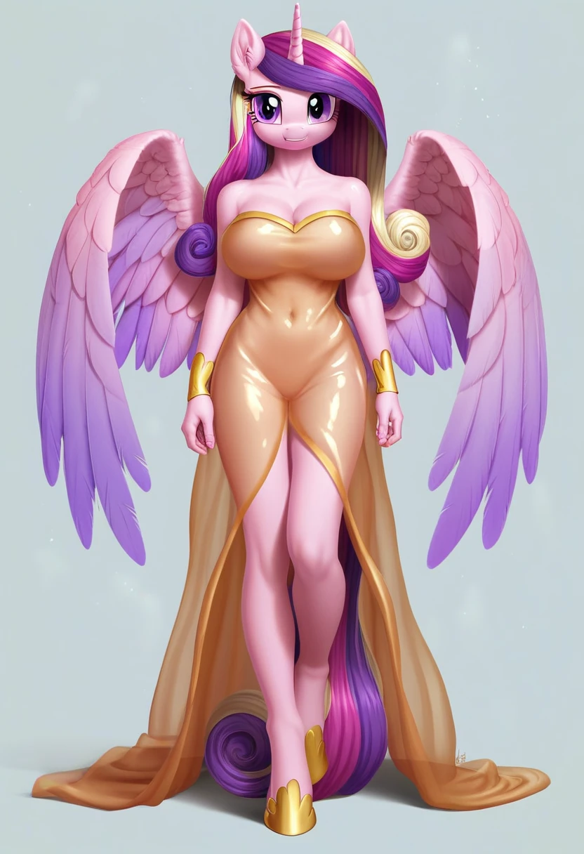 score_9, score_8_up, score_7_up, score_6_up, score_5_up, score_4_up,  by aki99, source_pony, rating_questionable, masterpiece, countershading, detailed soft lighting BREAK
anthro pony princess cadance wearing a golden see through dress, long hair, joyful, oiled, shiny, large breasts, full body, ear fluff, fashion show background 