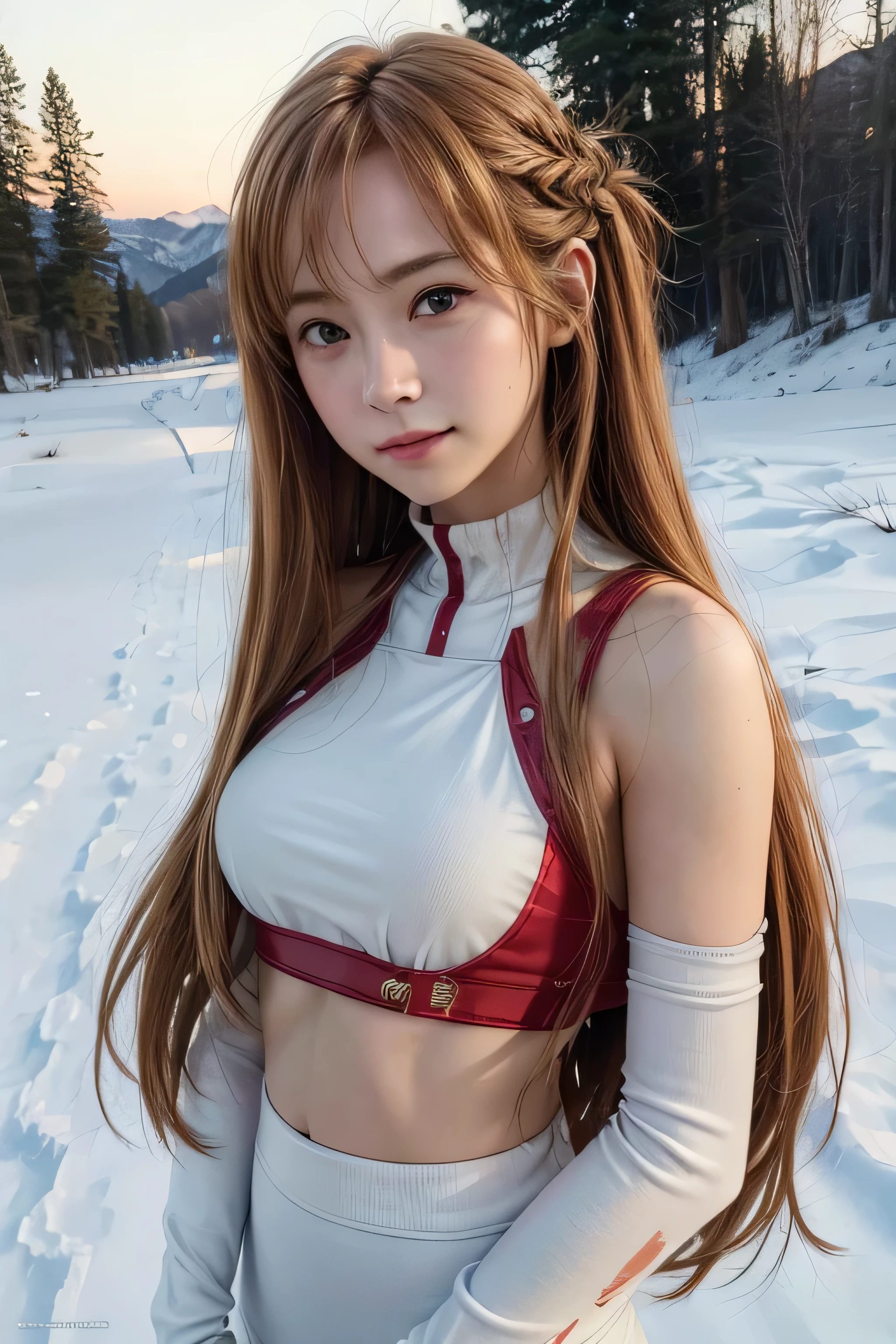 masterpiece, best quality, (realistic,photo-realistic:1.4), (RAW photo:1.2), extremely detailed CG unity 8k wallpaper, delicate and beautiful, amazing,finely detail, official art, absurdres, incredibly absurdres, huge filesize, ultra-detailed,extremely detailed eyes and face,light on face,yuuki asuna,(little smile),(caramel hair:1.4),(long hair:1.4),(wearing crop top:1.4),(winter background:1.4),winter,snow