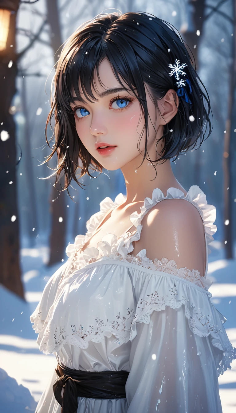 (((masterpiece))),best quality,illustration,4k wallpaper,movie lighting,absurd,1 girl,(snow,ice),snow flower,in winter,black hair,shiny hair,medium bob,blue eyes,white clothes,frills,lace,wet clothes,leave_Shoulder,hair tie,masterpiece,telephoto lens,absurd,Exquisite face,features,natural light,soft light,(Seven-part combination),epic,Dreamy and magical,mystery,