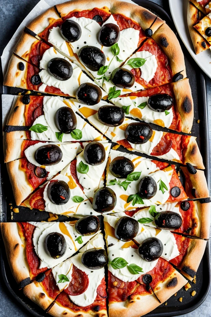 Pizza stuffed with mozzarella, sliced black olives and caramelized onion 