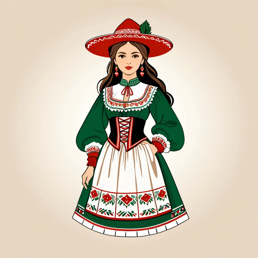 female enchanter in hungarian folk outfit, vector graphics, strong contours, logo design
