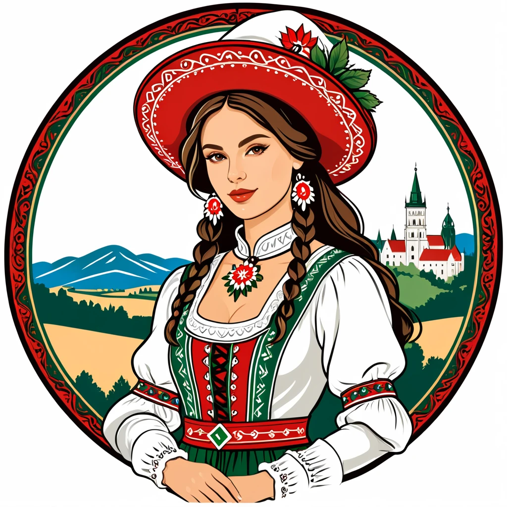female enchanter in hungarian folk outfit, vector graphics, strong contours, logo design
