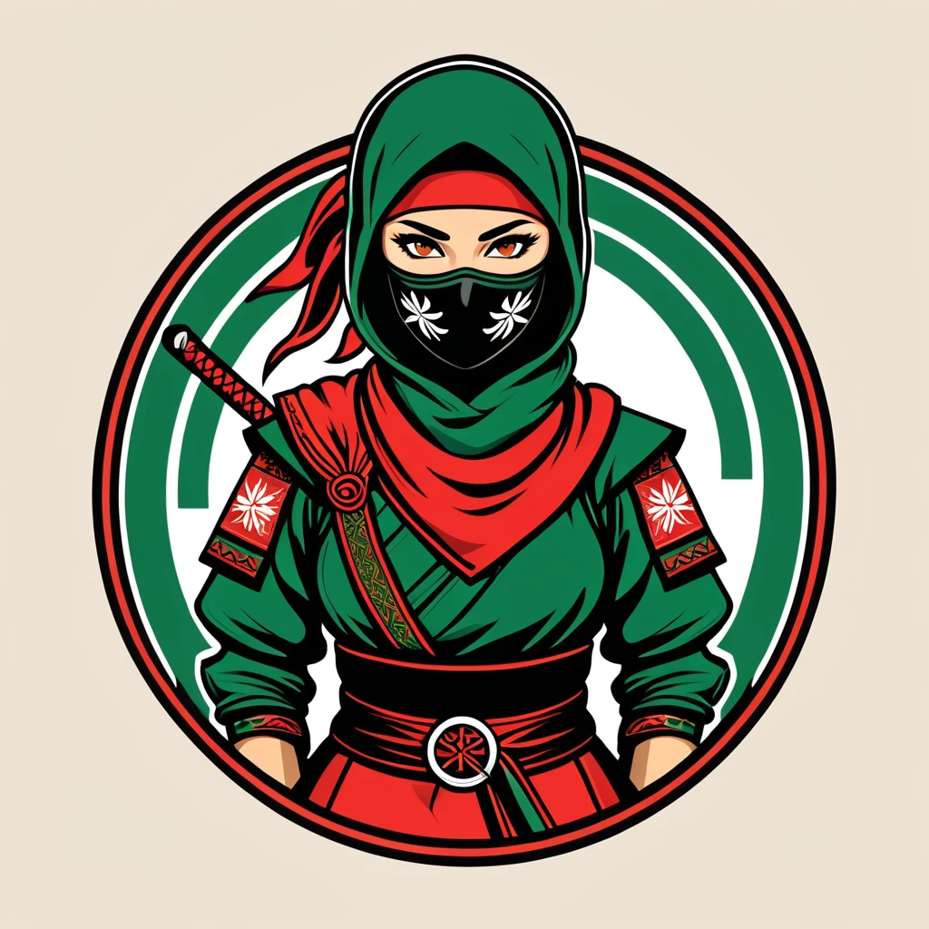 female ninja in hungarian folk outfit, vector graphics, strong contours, logo design
