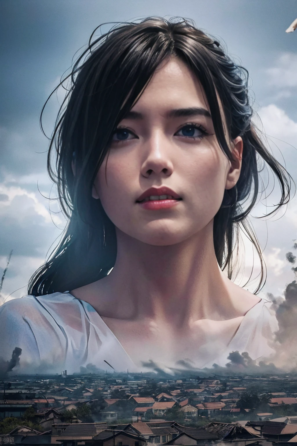 Horrorな雰囲気、Woman who brings disaster、A powerful and impressive image、Accurate female body、Human body、giantess、A woman bigger than a building、The growing human body、Giantess、The Devil's Outfit、Giant Devil、Villainess、Bad guy、Messenger from Hell、walk、masterpiece、Detailed illustrations、precise illustration、High quality、smile、smile、Cute woman、Long Hair、Open your mouth、Low - Angle、Small Town、A small city in ruins、都市のLow - Angleの遠景、Flying debriasterpiece、Anatomically correct、sand smoke、Smoke is rising、Building burns、Gloomy Weather、night、Horror、Catastrophe、thunder、storm、rain