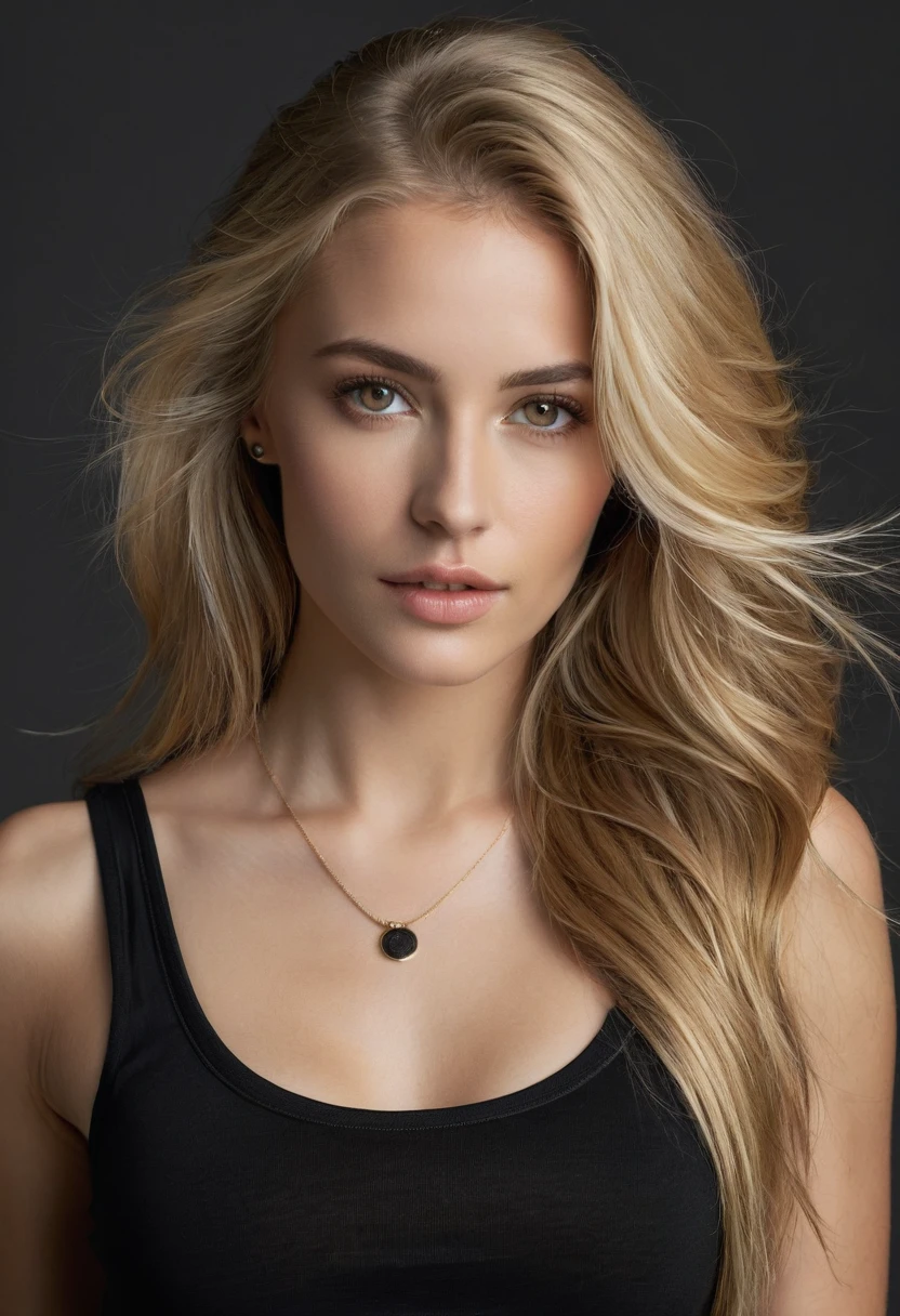 Portrait of a stunning woman with piercing brown eyes and long flowing blonde hair, wearing black tank-top, realistic, intricate details in the clothing and facial features, studio lighting to enhance the depth and realism of the image