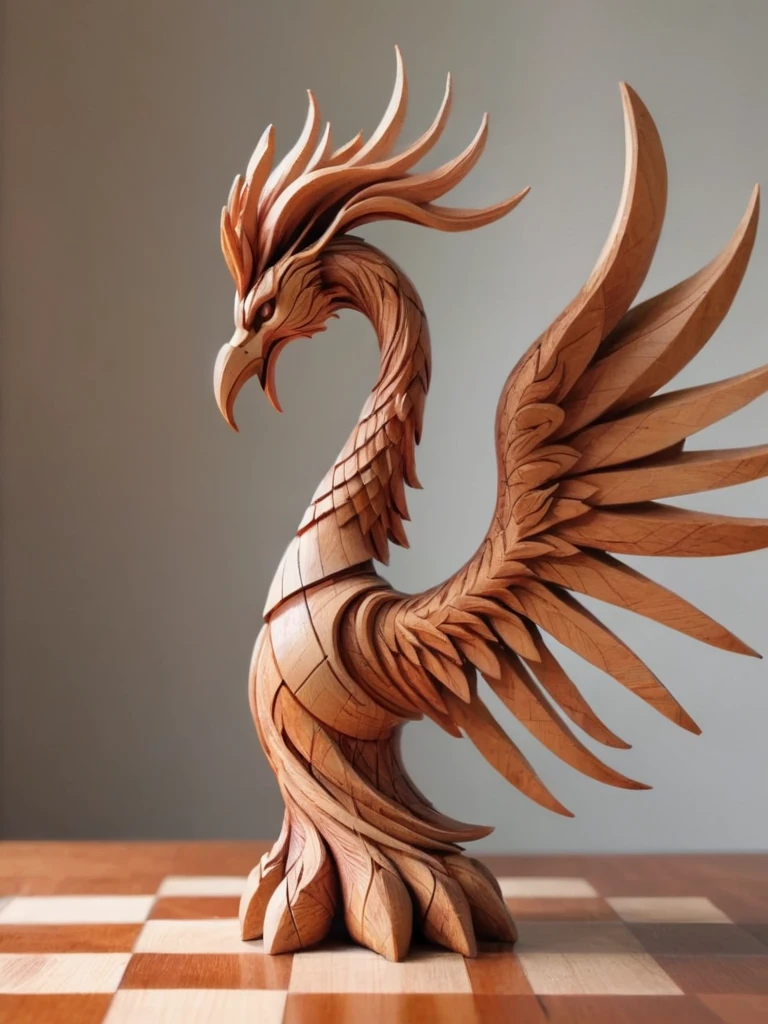 Wooden Figure, checkerboard, Amazing wooden Phoenix, (Apply varnish color:1.2), Art style
