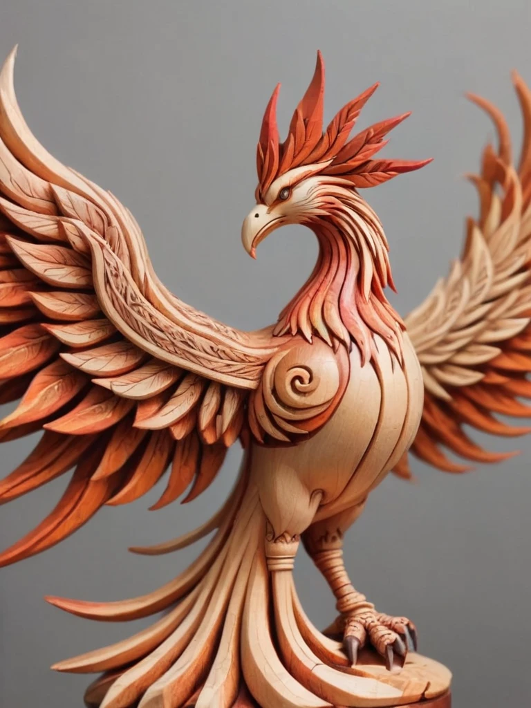 Wooden Figure, checkerboard, Amazing wooden Phoenix, (Apply varnish color:1.2), Art style