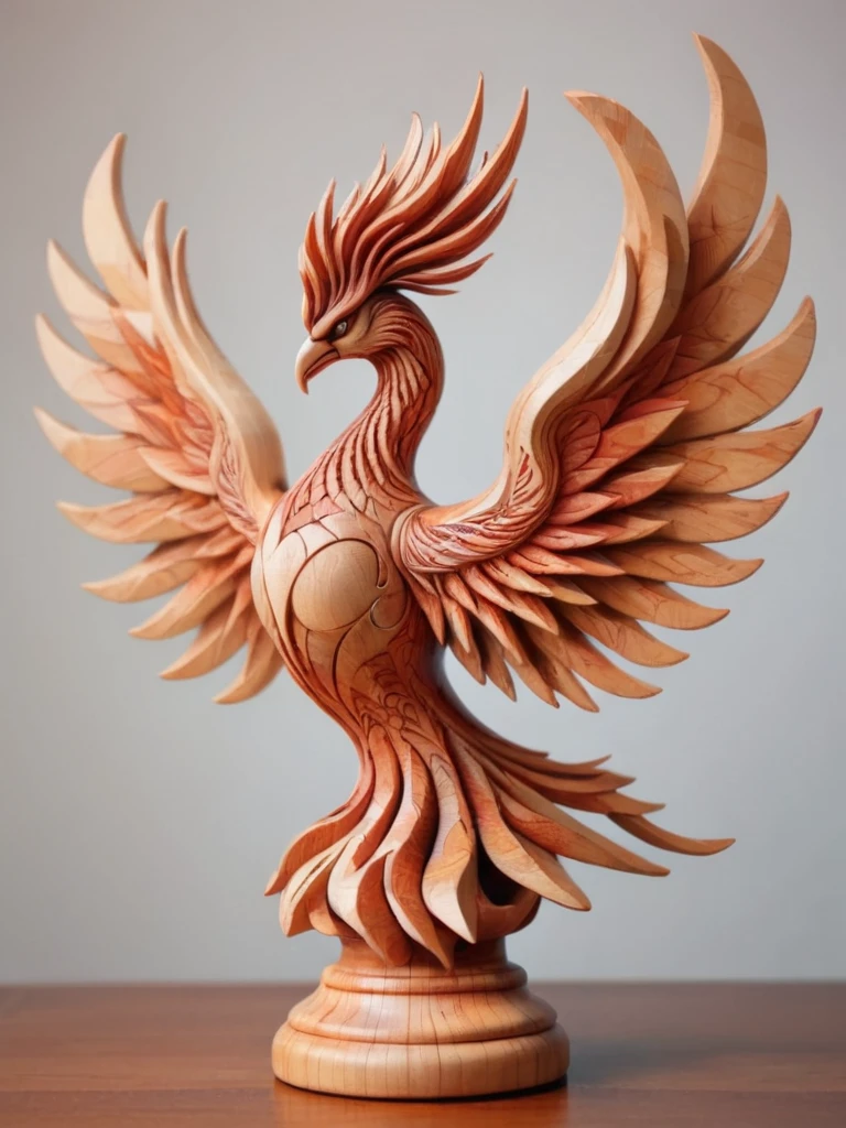 Wooden Figure, checkerboard, Amazing wooden Phoenix, (Apply varnish color:1.2), Art style