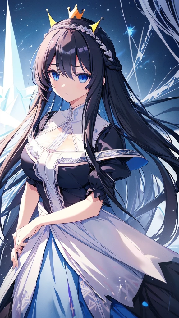 best quality, extremely detailed,anime style girl,long hair down to the waist, straight hair, ((dark black hair with bluish)),((crown braid)),beautiful detailed eyes, pinched eyes, (dark blue eyes),huge breasts,curvy,((((white main princess battle dress)))),clothing with complex patterns,cool expression,((((mysterious nature)))),((Diagonal angle)),dynamic angle